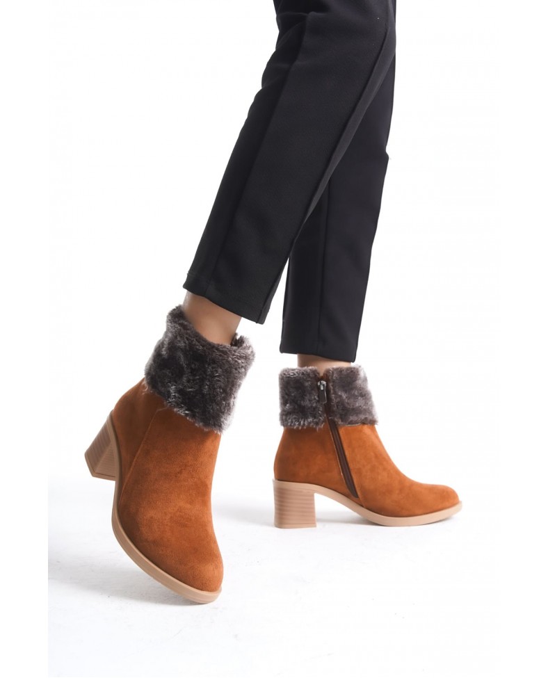 KATYA Fermuarlı Ortopedik Taban Topuklu Kürk Detaylı Süet Kadın Bot  STT - Taba Somersan Giyim | Kadın, Erkek ve Çocuk Moda