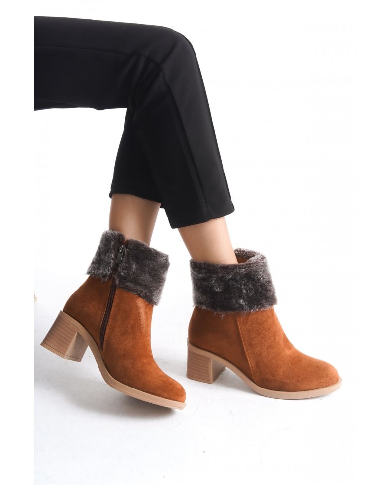 KATYA Fermuarlı Ortopedik Taban Topuklu Kürk Detaylı Süet Kadın Bot  STT - Taba Somersan Giyim | Kadın, Erkek ve Çocuk Moda