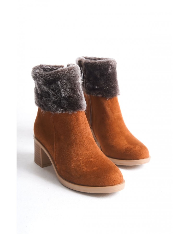 KATYA Fermuarlı Ortopedik Taban Topuklu Kürk Detaylı Süet Kadın Bot  STT - Taba Somersan Giyim | Kadın, Erkek ve Çocuk Moda
