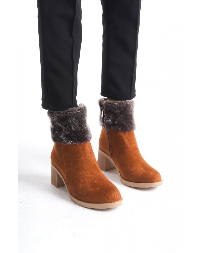 KATYA Fermuarlı Ortopedik Taban Topuklu Kürk Detaylı Süet Kadın Bot  STT - Taba Somersan Giyim | Kadın, Erkek ve Çocuk Moda