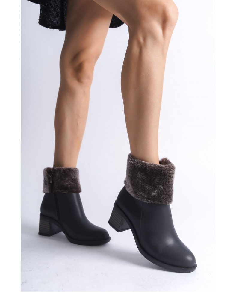 KATYA Fermuarlı Ortopedik Taban Topuklu Kürk DetaylıKadın Bot  CST - Siyah Somersan Giyim | Kadın, Erkek ve Çocuk Moda