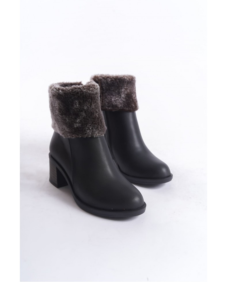 KATYA Fermuarlı Ortopedik Taban Topuklu Kürk DetaylıKadın Bot  CST - Siyah Somersan Giyim | Kadın, Erkek ve Çocuk Moda