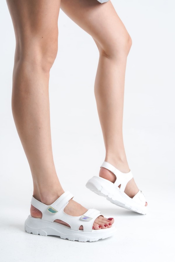 LAMIA Cırt Cırtlı Ortopedik Taban Kadın Sandalet CBT - Beyaz