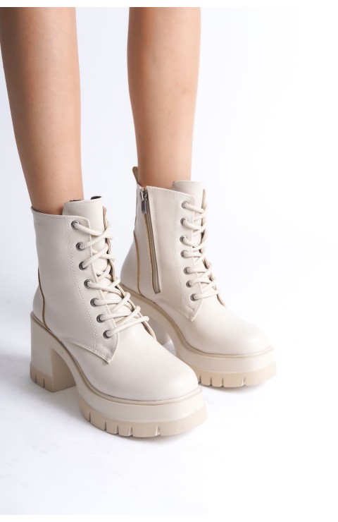 LAUREN Bağcıklı Fermuarlı Ortopedik Taban Topuklu Kadın Bot  CKT - Krem