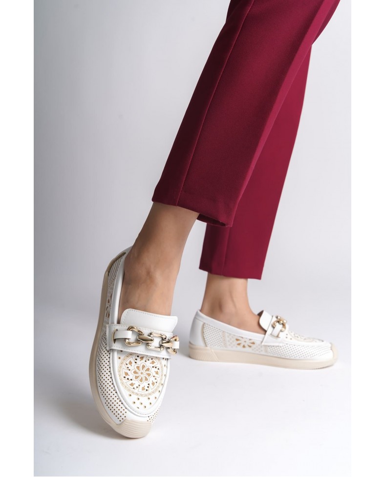 LAYLA Bağcıksız Ortopedik Rahat Taban Çiçek Desenli Kadın Babet Ayakkabı  CKT - Beyaz Somersan Giyim | Kadın, Erkek ve Çocuk Moda