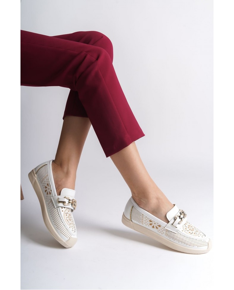 LAYLA Bağcıksız Ortopedik Rahat Taban Çiçek Desenli Kadın Babet Ayakkabı  CKT - Beyaz Somersan Giyim | Kadın, Erkek ve Çocuk Moda