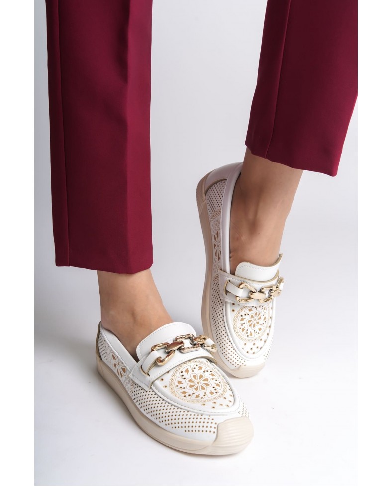 LAYLA Bağcıksız Ortopedik Rahat Taban Çiçek Desenli Kadın Babet Ayakkabı  CKT - Beyaz Somersan Giyim | Kadın, Erkek ve Çocuk Moda