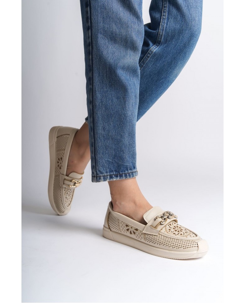 LAYLA Bağcıksız Ortopedik Rahat Taban Çiçek Desenli Kadın Babet Ayakkabı CKT - Krem Somersan Giyim | Kadın, Erkek ve Çocuk Moda