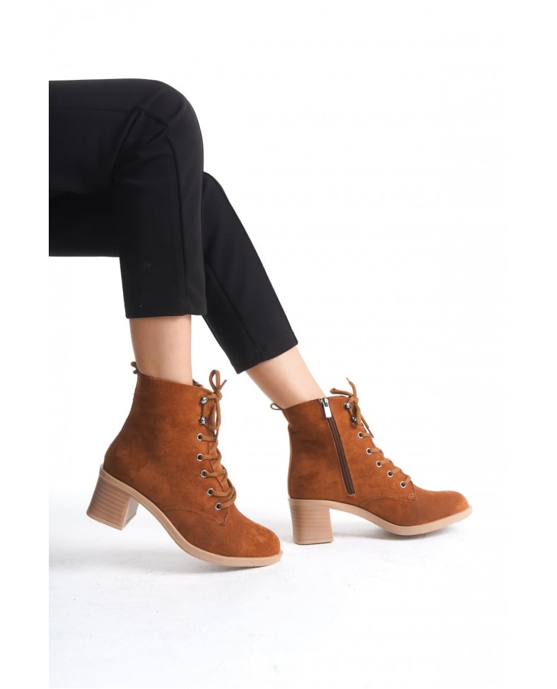 LENA Bağcıklı Fermuarlı Ortopedik Taban Topuklu Süet Kadın Bot STT - Taba Somersan Giyim | Kadın, Erkek ve Çocuk Moda