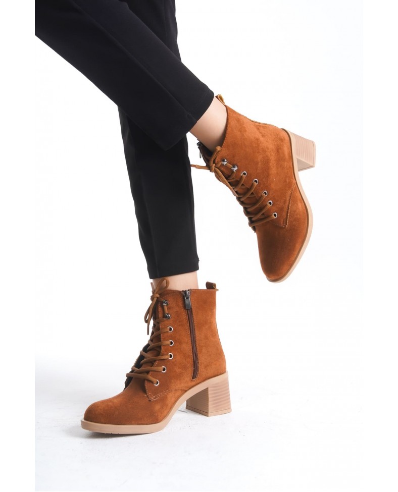LENA Bağcıklı Fermuarlı Ortopedik Taban Topuklu Süet Kadın Bot STT - Taba Somersan Giyim | Kadın, Erkek ve Çocuk Moda