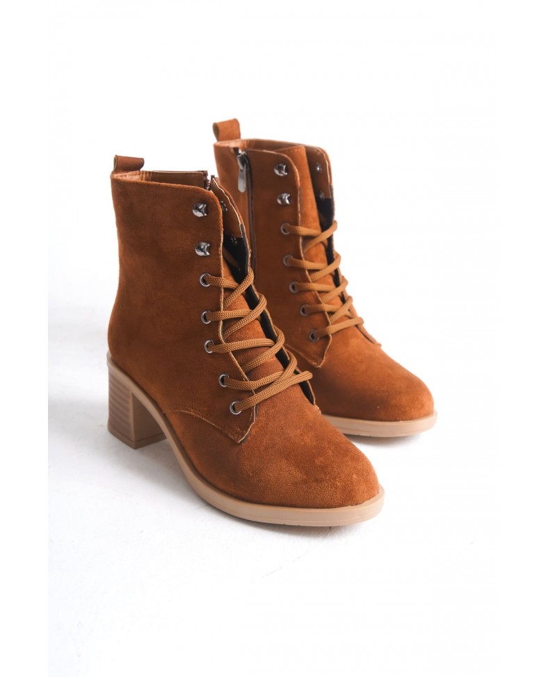 LENA Bağcıklı Fermuarlı Ortopedik Taban Topuklu Süet Kadın Bot STT - Taba Somersan Giyim | Kadın, Erkek ve Çocuk Moda