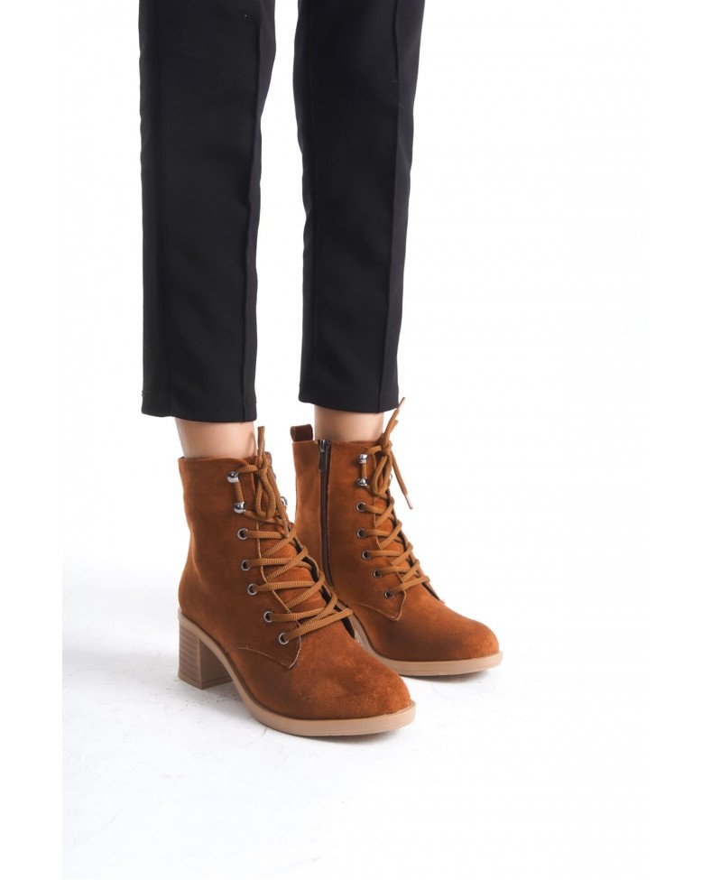 LENA Bağcıklı Fermuarlı Ortopedik Taban Topuklu Süet Kadın Bot STT - Taba Somersan Giyim | Kadın, Erkek ve Çocuk Moda
