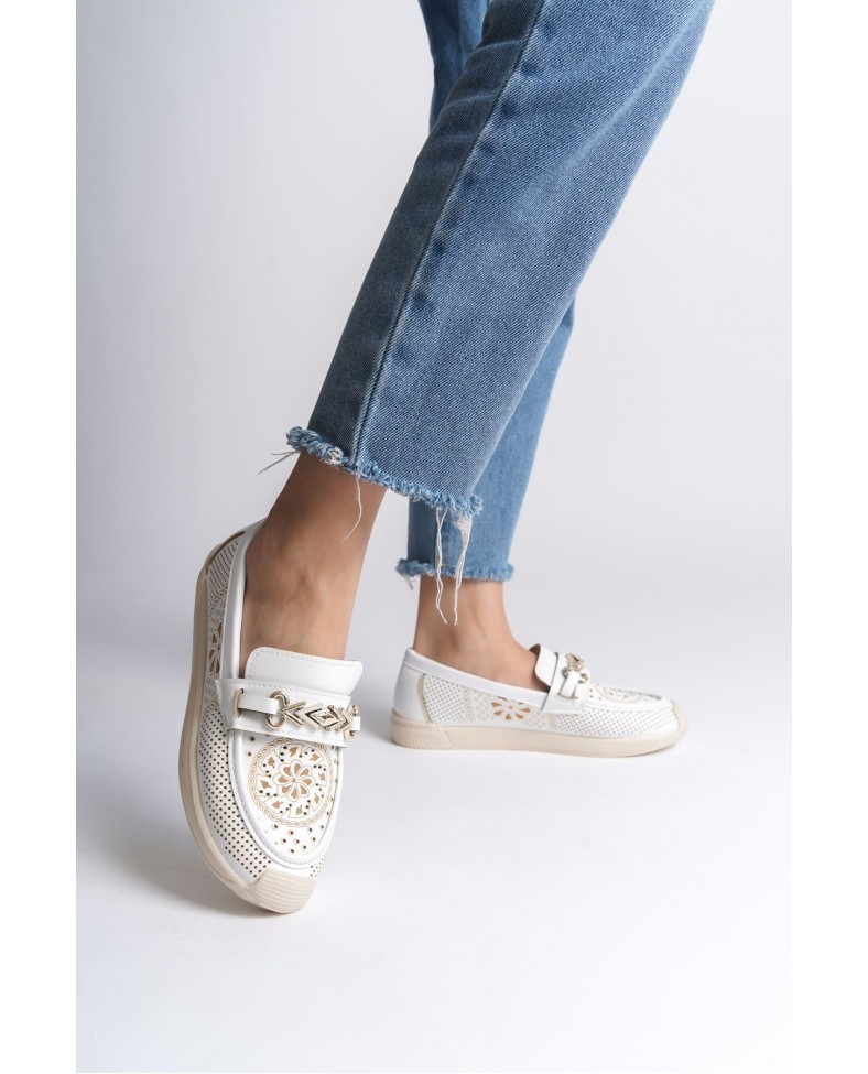 LILY Bağcıksız Ortopedik Rahat Taban Çiçek Desenli Kadın Babet Ayakkabı  CKT - Beyaz Somersan Giyim | Kadın, Erkek ve Çocuk Moda