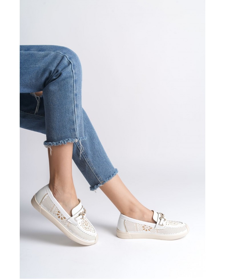 LILY Bağcıksız Ortopedik Rahat Taban Çiçek Desenli Kadın Babet Ayakkabı  CKT - Beyaz Somersan Giyim | Kadın, Erkek ve Çocuk Moda