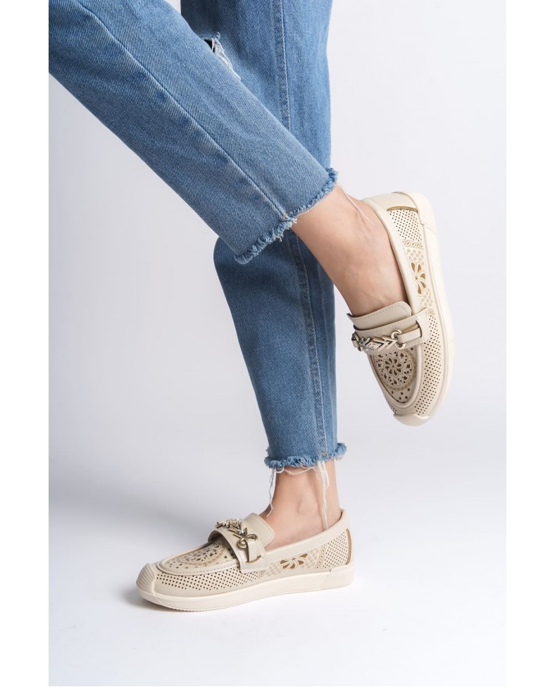 LILY Bağcıksız Ortopedik Rahat Taban Çiçek Desenli Kadın Babet Ayakkabı CKT - Krem Somersan Giyim | Kadın, Erkek ve Çocuk Moda