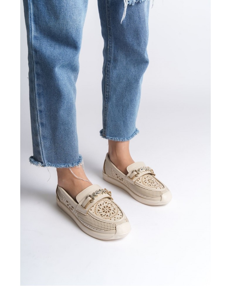 LILY Bağcıksız Ortopedik Rahat Taban Çiçek Desenli Kadın Babet Ayakkabı CKT - Krem Somersan Giyim | Kadın, Erkek ve Çocuk Moda