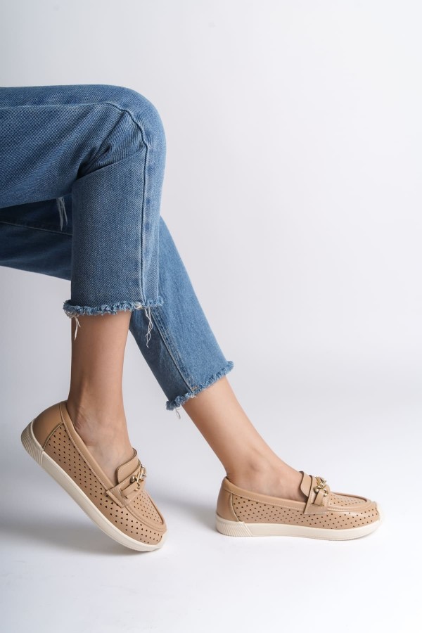 LILY Bağcıksız Ortopedik Rahat Taban Kalp Desenli Kadın Babet Ayakkabı CKT - Ten