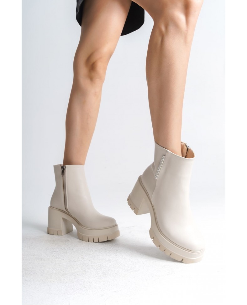 LISSE Fermuarlı Ortopedik Taban Kalın Topuklu Kadın Bot CKT - Krem Somersan Giyim | Kadın, Erkek ve Çocuk Moda