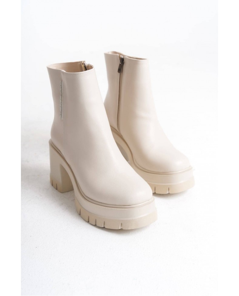 LISSE Fermuarlı Ortopedik Taban Kalın Topuklu Kadın Bot CKT - Krem Somersan Giyim | Kadın, Erkek ve Çocuk Moda