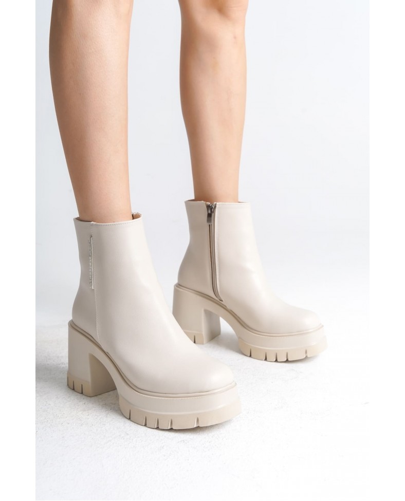 LISSE Fermuarlı Ortopedik Taban Kalın Topuklu Kadın Bot CKT - Krem Somersan Giyim | Kadın, Erkek ve Çocuk Moda