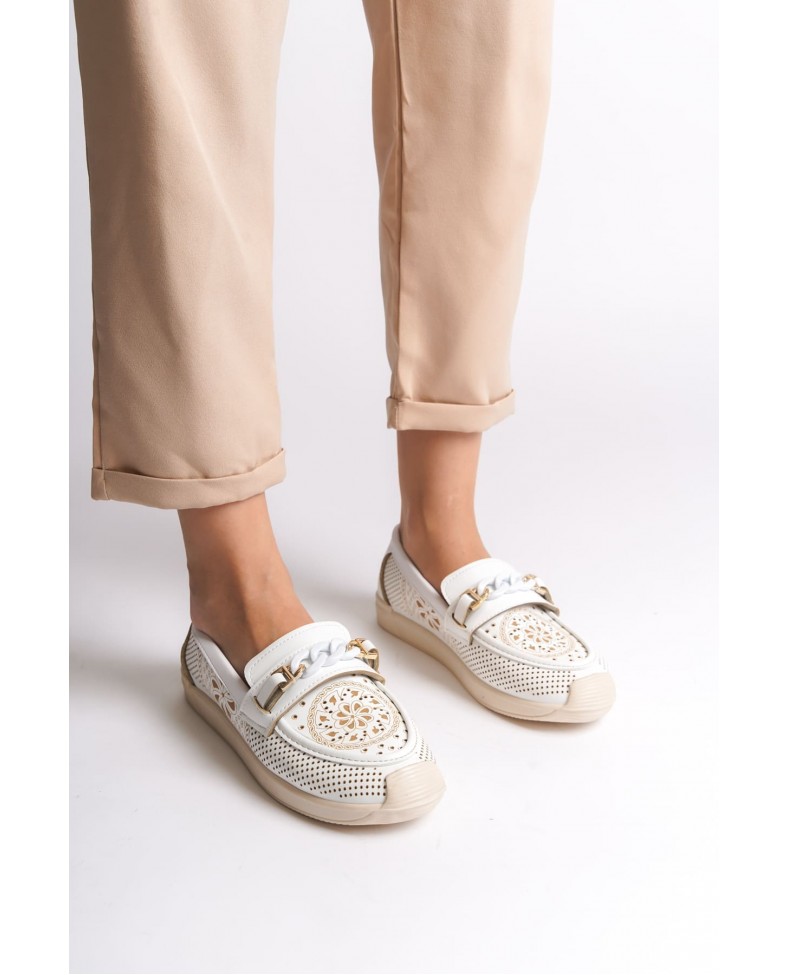 LIZY Bağcıksız Ortopedik Rahat Taban Çiçek Desenli Kadın Babet Ayakkabı  CKT - Beyaz Somersan Giyim | Kadın, Erkek ve Çocuk Moda