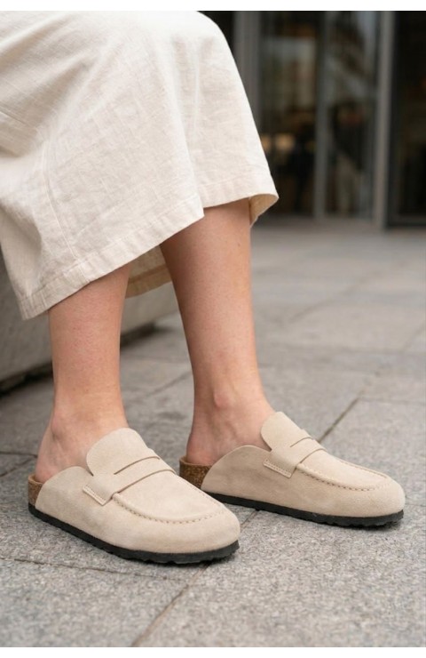 LUVRA Bağcıksız Hakiki Süet Deri Kadın Günlük Mantar Taban Loafer Klasik Ayakkabı HDMT - Krem