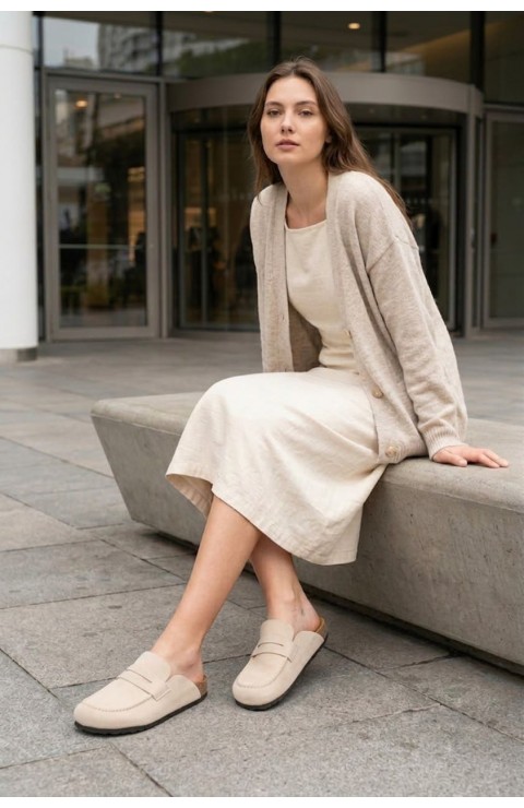 LUVRA Bağcıksız Hakiki Süet Deri Kadın Günlük Mantar Taban Loafer Klasik Ayakkabı HDMT - Krem