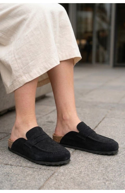 LUVRA Bağcıksız Hakiki Süet Deri Kadın Günlük Mantar Taban Loafer Klasik Ayakkabı HDMT - Siyah