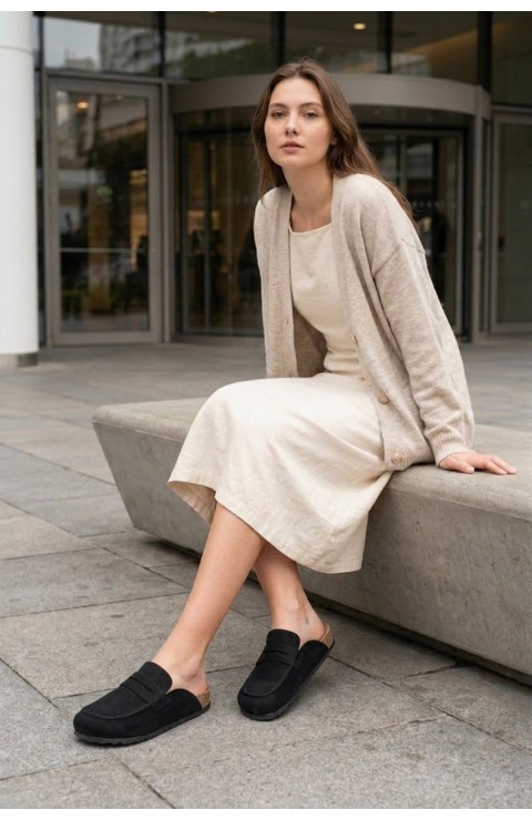 LUVRA Bağcıksız Hakiki Süet Deri Kadın Günlük Mantar Taban Loafer Klasik Ayakkabı HDMT - Siyah