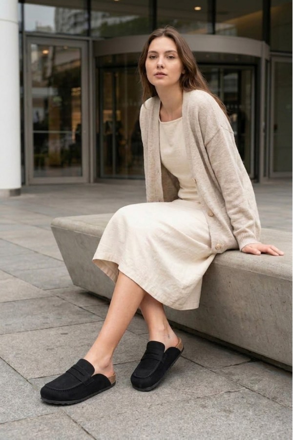 LUVRA Bağcıksız Hakiki Süet Deri Kadın Günlük Mantar Taban Loafer Klasik Ayakkabı HDMT - Siyah