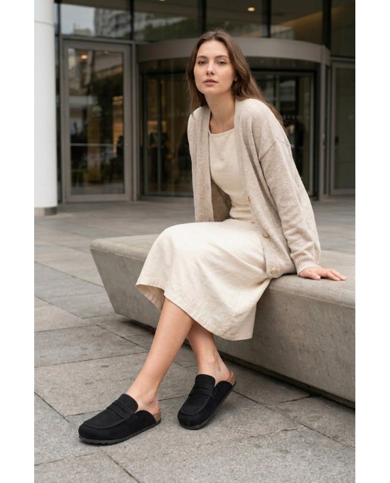 LUVRA Bağcıksız Hakiki Süet Deri Kadın Günlük Mantar Taban Loafer Klasik Ayakkabı HDMT - Siyah