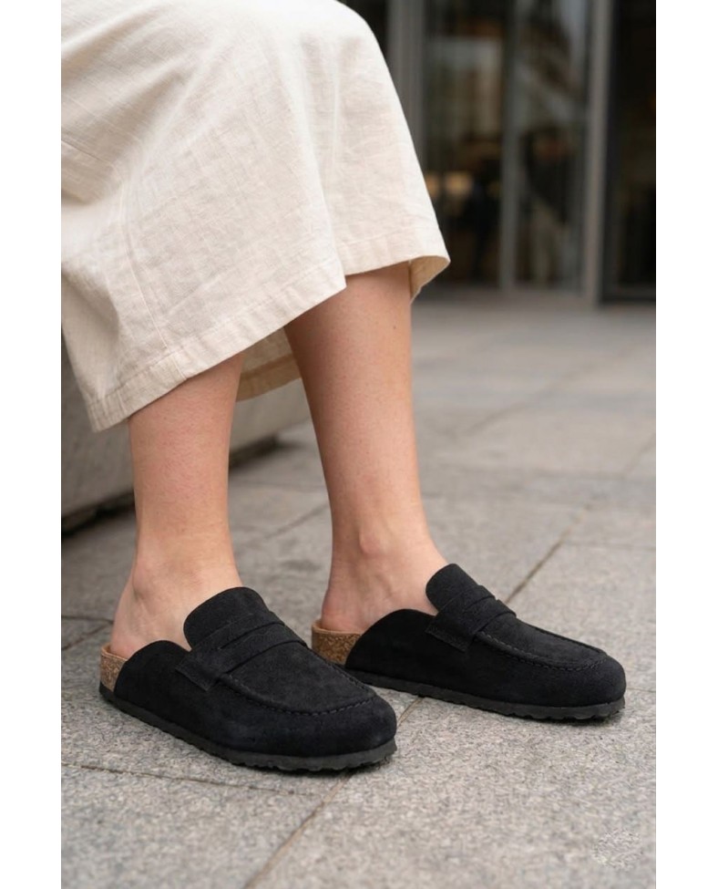 LUVRA Bağcıksız Hakiki Süet Deri Kadın Günlük Mantar Taban Loafer Klasik Ayakkabı HDMT - Siyah