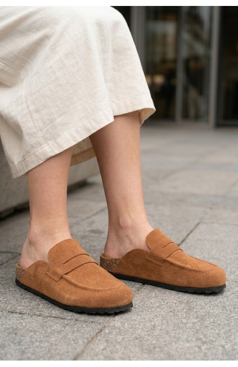 LUVRA Bağcıksız Hakiki Süet Deri Kadın Günlük Mantar Taban Loafer Klasik Ayakkabı HDMT - Taba
