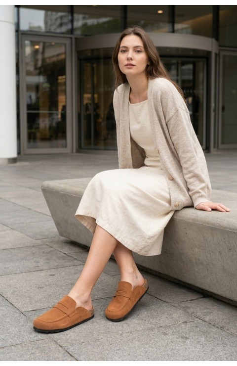 LUVRA Bağcıksız Hakiki Süet Deri Kadın Günlük Mantar Taban Loafer Klasik Ayakkabı HDMT - Taba