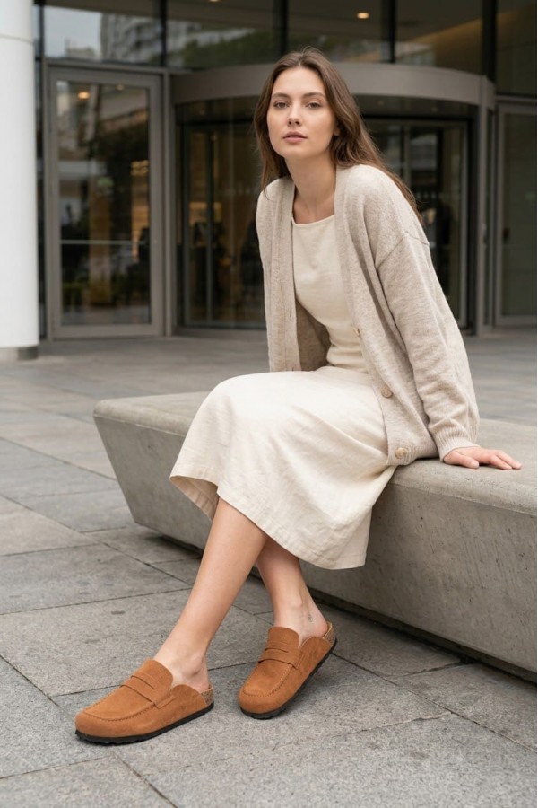 LUVRA Bağcıksız Hakiki Süet Deri Kadın Günlük Mantar Taban Loafer Klasik Ayakkabı HDMT - Taba