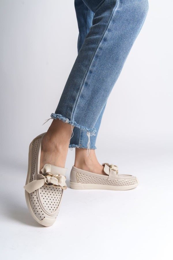 LYDIA Bağcıksız Ortopedik Rahat Taban Kalp Desenli Kadın Babet Ayakkabı  CKT - Krem