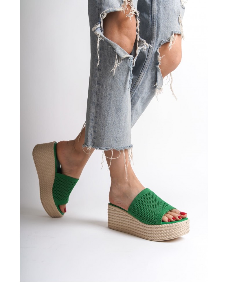 MARLA Dolgu Topuklu Ortopedik Taban Hasır Görünümlü Triko Kadın Terlik  TKT - Yeşil Somersan Giyim | Kadın, Erkek ve Çocuk Moda