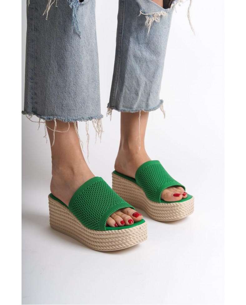 MARLA Dolgu Topuklu Ortopedik Taban Hasır Görünümlü Triko Kadın Terlik  TKT - Yeşil Somersan Giyim | Kadın, Erkek ve Çocuk Moda