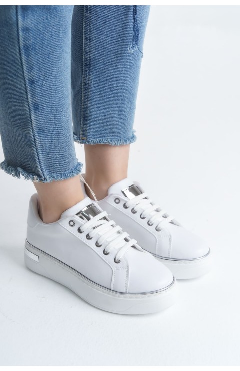 MINA Bağcıklı Ortopedik Taban Kadın Sneaker Spor Ayakkabı  CBT - Beyaz/Gümüş