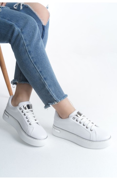MINA Bağcıklı Ortopedik Taban Kadın Sneaker Spor Ayakkabı  CBT - Beyaz/Gümüş