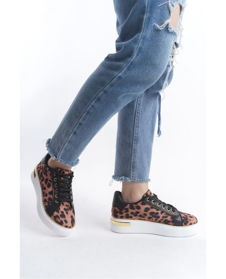 MINA Bağcıklı Ortopedik Taban Leopar Desenli Kadın Sneaker Spor Ayakkabı  TBT - Kahverengi Somersan Giyim | Kadın, Erkek ve Çocuk Moda