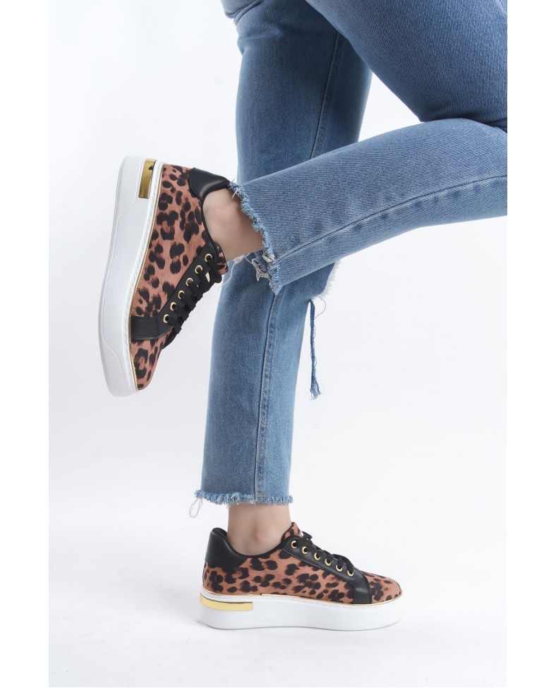 MINA Bağcıklı Ortopedik Taban Leopar Desenli Kadın Sneaker Spor Ayakkabı  TBT - Kahverengi Somersan Giyim | Kadın, Erkek ve Çocuk Moda