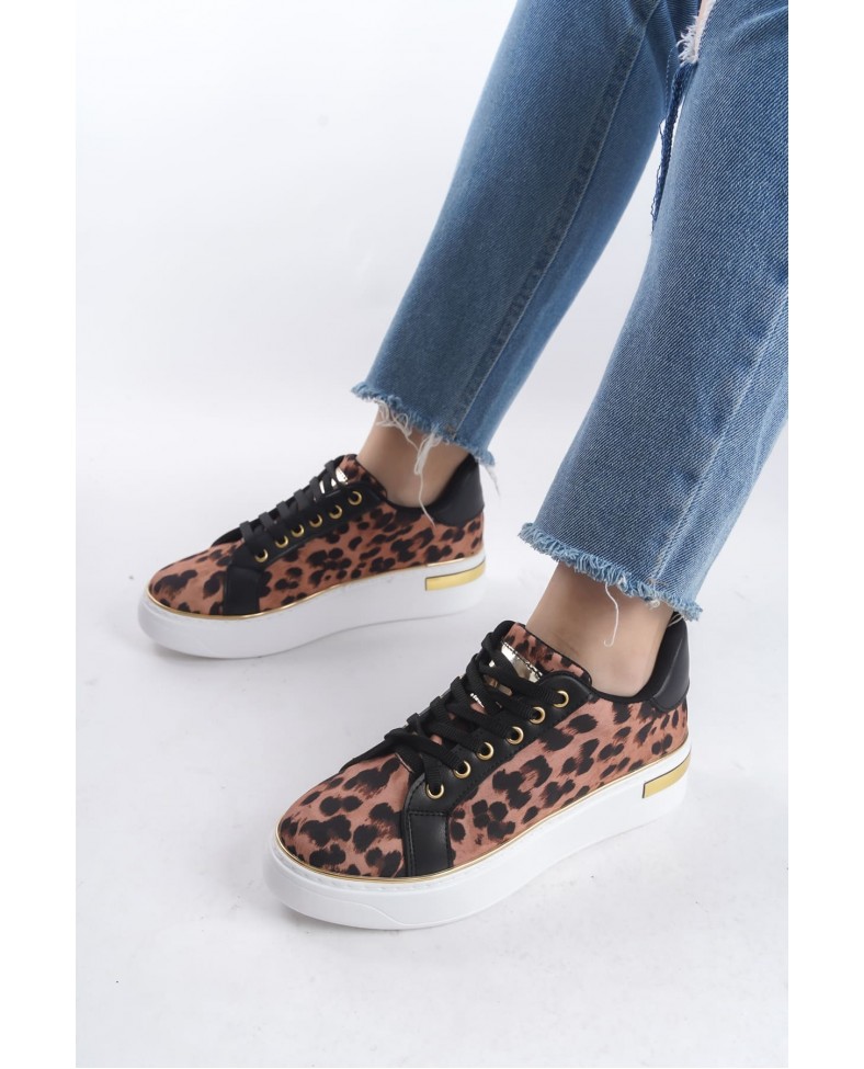 MINA Bağcıklı Ortopedik Taban Leopar Desenli Kadın Sneaker Spor Ayakkabı  TBT - Kahverengi Somersan Giyim | Kadın, Erkek ve Çocuk Moda