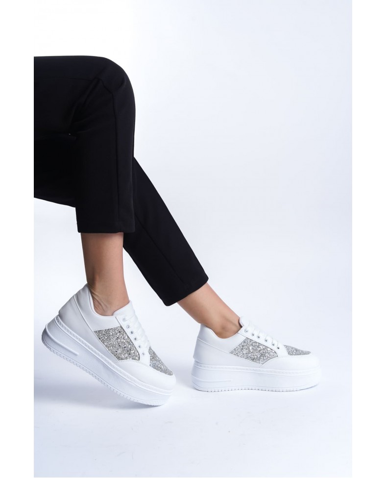 MIPA Bağcıklı Ortopedik Taban Simli Kadın Sneaker Spor Ayakkabı  CBT - Beyaz Somersan Giyim | Kadın, Erkek ve Çocuk Moda