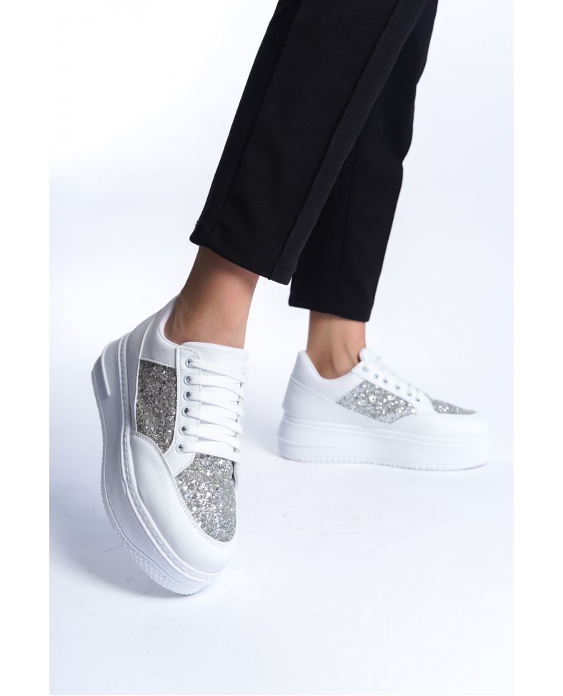 MIPA Bağcıklı Ortopedik Taban Simli Kadın Sneaker Spor Ayakkabı  CBT - Beyaz Somersan Giyim | Kadın, Erkek ve Çocuk Moda