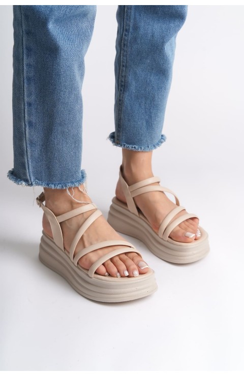 NATALIE İnce Tokalı Şerit Detaylı Ortopedik Taban Kadın Sandalet  CKT - Krem