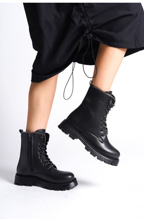 PAMELA Bağcıklı Fermuarlı Ortopedik Taban Taşlı Kadın Bot CST - Siyah