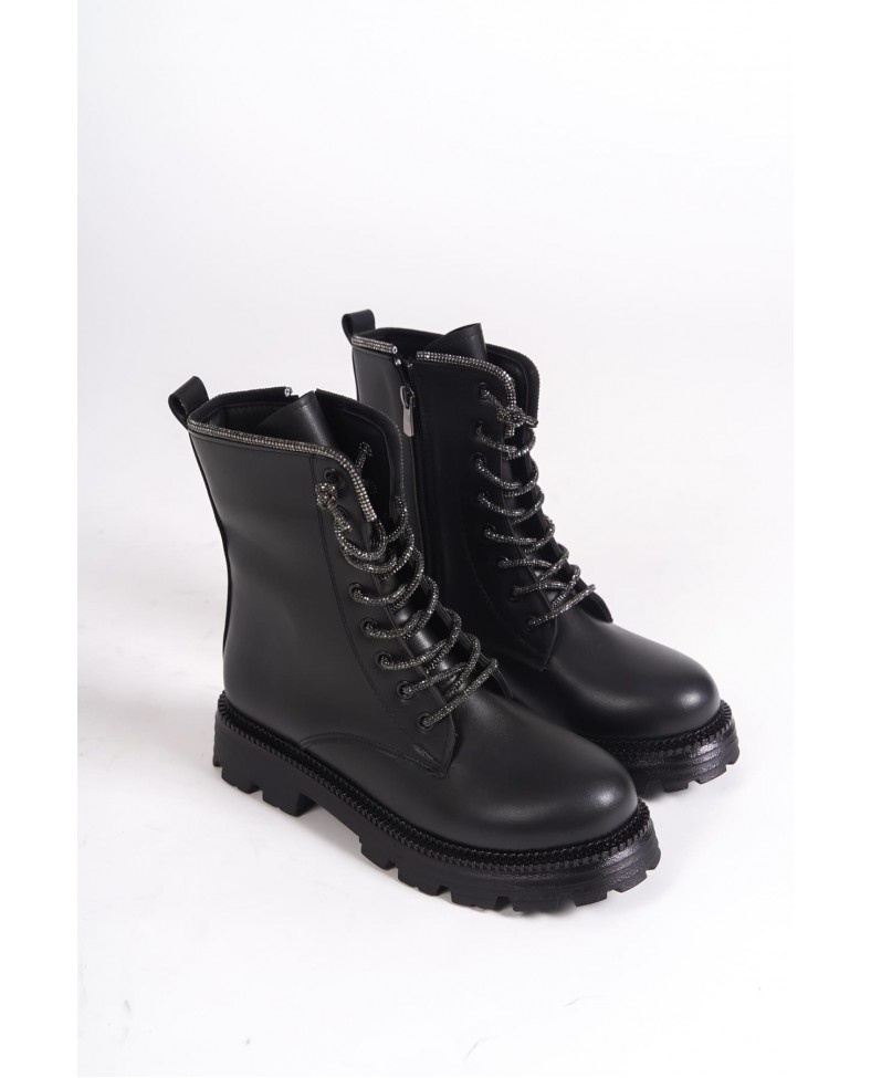 PAMELA Bağcıklı Fermuarlı Ortopedik Taban Taşlı Kadın Bot CST - Siyah Somersan Giyim | Kadın, Erkek ve Çocuk Moda