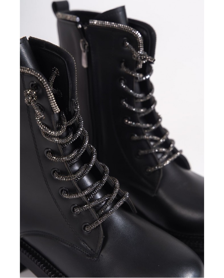 PAMELA Bağcıklı Fermuarlı Ortopedik Taban Taşlı Kadın Bot CST - Siyah Somersan Giyim | Kadın, Erkek ve Çocuk Moda