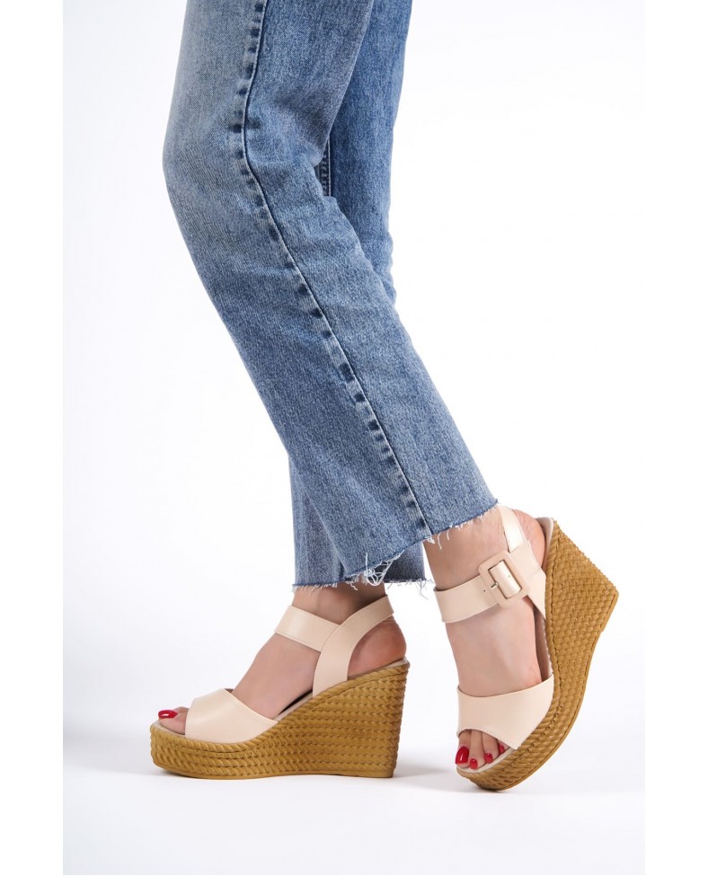 PERLA Tokalı Lastikli Dolgu Topuklu Ortopedik Taban Hasır Görünümlü Kadın Sandalet CKT - Ten Somersan Giyim | Kadın, Erkek ve Çocuk Moda